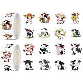 600 Pcs Cow Stickers for Kids- 1.5 Inch Round Stickers Roll 16 Tyles Cute Cow Kindergarten Stickers Teacher Stickers for Kids Birthday Party School Reward Giveaways