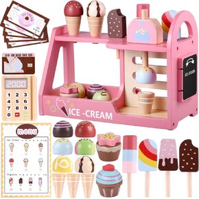GAGAKU Wooden Ice Cream Play Set for Kids Pretend Play Food Wooden Ice Cream Set Shop Play Kitchen Accessories with Menu and Cash Role Play Toys Gifts for Toddler 3 4 5 6 7 8 Years Old Girls and Boys