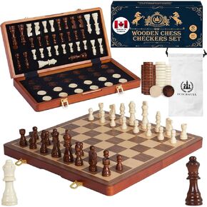 15'' 2 in 1 Wooden Magnetic chess and checkers set (2 Extra Queens, Foldable Chess set & Cotton Storage Bag) Magnetic Chess Sets for Adults with Color Gift Box, Handmade Checkers Board Game