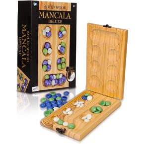 Point Games Solid Pine Mancala - لعبة لوحية قابلة للطي مع رخام أزرق وأخضر وأبيض - لعبة سفر إستراتيجية محمولة - يوصى بها للأعمار من 6 سنوات فما فوق