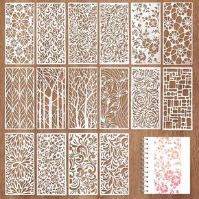 16 Pcs Stencils for Crafts Reusable Stencils for Painting Texture Stencils Background Stencil 8.7 x 4.1 Inches Leaf Floral Drawing Templates Border for DIY Card Wood Wall Scrapbook Furniture Paper