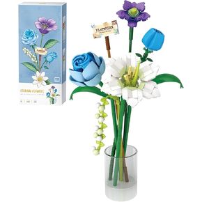 MEIEST Flower Bouquet Building Blocks Set,Mini Bricks Plant Botanical Collection Construction Building Toy,Creative DIY Artificial Flowers Home Decoration (Blue)