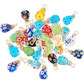 PH PandaHall 30pcs المعلقات Lampwork، دمعة Millefiori Lampwork الزجاج المعلقات 17 × 7mm سحر حبة ملونة لDIY القرط والمجوهرات سوار Neclace المختنق الحرف سستة مجتذب صنع