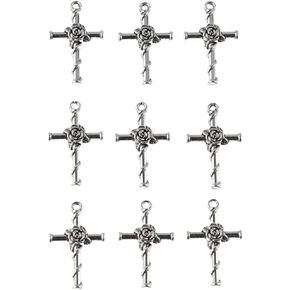 100Pcs Retro Cross Flower Rose Charms Bulk Ancient Silver Cross Pendants 0.6x1inch Alloy Dangle Charms Decorations for DIY Jewelry Making Bracelets Keychain Necklace Craft