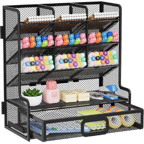 Marbrasse Larger Mesh Desk Organizer with Drawer, Multi-Functional Pen Pencil Holder, Easy Assembly, Desk Organizers and Accessories for Office Art Supplies (Black)