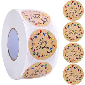 Whaline 1000Pcs Christmas Stickers 1.5Inch Vintage Kraft Round Stickers in Roll Colorful Bulb Lights Pattern with Greetings Label Stickers for Xmas Seals Cards Presents Envelopes Decor, 4 Designs