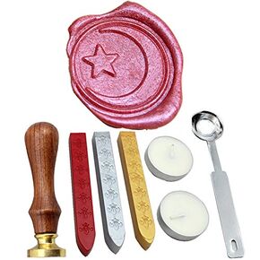The Moon and Star Vintage Rosewood Wax Seal Stamp Set with Gold Red Silver Sticks
