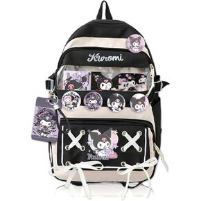 Roffatide Anime Kuromi Kawaii Backpack with 21Pcs Accessories Cartoon Travel Aesthetic New Semester Gifts Bag with Cute Pins Anti-Theft Laptop Backpack Travel Hiking Daypacks Rucksack Black