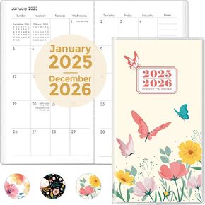 SKYDUE Pocket Calendar 2025-2026, 2-Year Small Monthly Pocket Planner for Purse, 6.7" x 3.7", Compact Design with Plastic Sleeve, Perfect for On-the-Go Planning and Organization