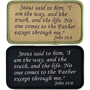 2Pcs John 14:6 Bible Patches, No One Comes to The Father Jesus Saying Bible Phrase Embroidery Patches Set for Caps Bags Backpacks Tactical Vest (Black+Green 027)