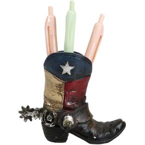Ebros Gift Rustic Western Cowboy Brown Faux Tooled Leather Texas State Flag Boot With Spur And Horseshoe Decorative Stationery Pen Pencil Make Up Tools Organizer Holder Or As Accent Figurine