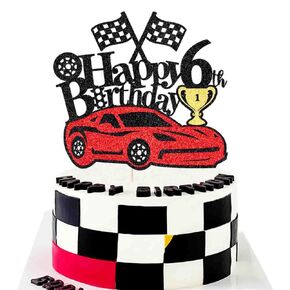 Ruscalin Car Cake Topper Happy 6th Birthday Cake Topper for Racing Car Checkered Flag Themed Kids Boy Girl Happy Birthday Party Supplies (6th)