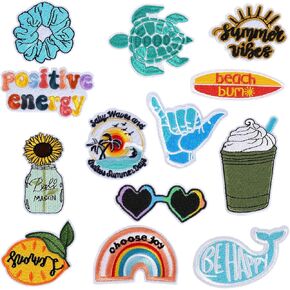 13 PCS Beach Iron on Patches, Summer Iron on Patches Hawaiian Applique Patches Embroidered Iron on Patches Vintage Patches for Hats Backpacks Clothes and DIY Craft