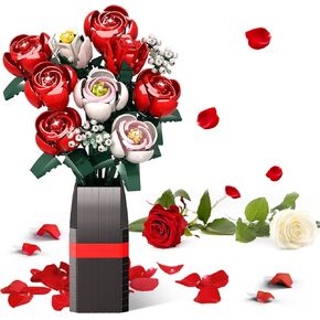 Roses Flower Bouquet Building Kit, DIY Flowers Bouquet Building Set with Vase, 841PCS Roses Artificial Flowers Building Set, Gifts for Christmas Valentine Mother's Day Birthday
