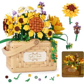 Sunflower Flower Bouquet Building Set Basket with LED String Light, Aroma Tablets, Creative Sunflower Flowers Building Blocks Set Toy Decor for Home Office. (1277 PCS)