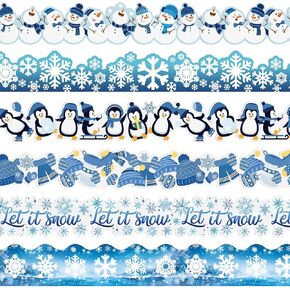 Seajan 6 Pcs 197 ft Winter Bulletin Board Borders Decor Christmas Bulletin Board Borders Decorations Snowman Snowflake Penguin Winter Border for Bulletin Board Office Chalkboard