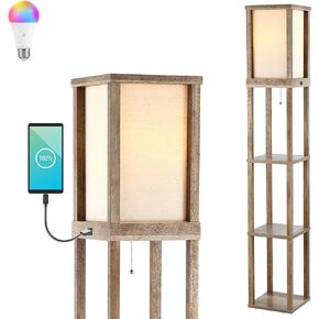 JONATHAN Y JYL8506A Etagere 63.5" Rustic Bohemian Wooden LED 3-Shelf Floor Lamp with Pull-Chain Industrial, Contemporary Standing Reading Lamp LED Bulb Included, Brown