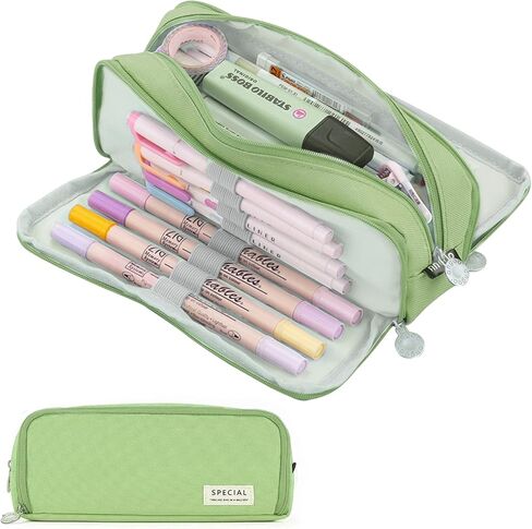 Large Capacity Pencil Case Pouch with 3 Compartment, Zipper Spacious Opening Pen Bag School Office Storage for Students Girls Boys Adults (Green) in Saudi Arabia