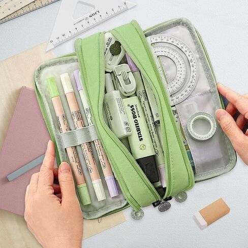 Large Capacity Pencil Case Pouch with 3 Compartment, Zipper Spacious Opening Pen Bag School Office Storage for Students Girls Boys Adults (Green) in Saudi Arabia