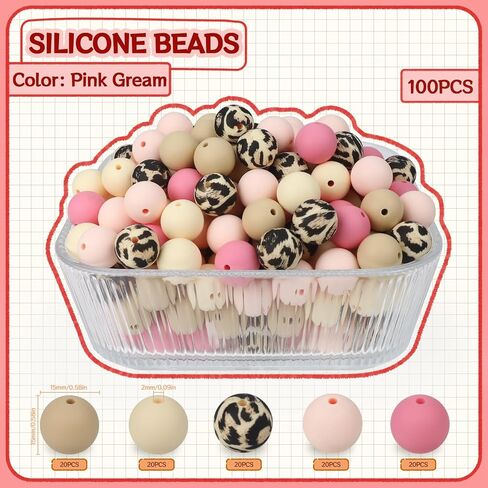 100 Pcs 15mm Silicone Beads for Keychain Making, Pink Gream Silicone Beads Bulk Round Beads for Bracelets Pens Crafts Jewelry Making (Pink Gream) in Saudi Arabia
