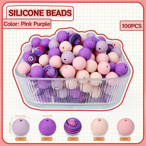 100 Pcs 15mm Silicone Beads for Keychain Making, Pink Gream Silicone Beads Bulk Round Beads for Bracelets Pens Crafts Jewelry Making (Pink Gream) in Saudi Arabia