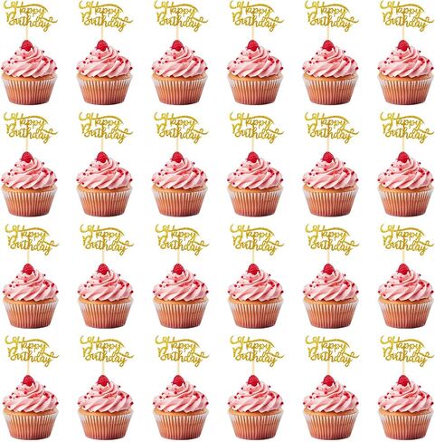 24 Pack Gold Glitter Birthday Cupcake Food Picks, Happy Birthday Cupcake Toppers, Birthday Toppers for Cakes, Dessert Topper Decoration for Birthday Theme Party, Anniversary Celebration, Wedding Party in Saudi Arabia