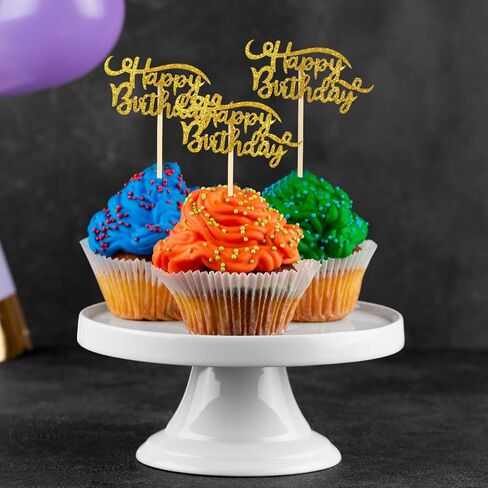 24 Pack Gold Glitter Birthday Cupcake Food Picks, Happy Birthday Cupcake Toppers, Birthday Toppers for Cakes, Dessert Topper Decoration for Birthday Theme Party, Anniversary Celebration, Wedding Party in Saudi Arabia