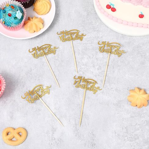 24 Pack Gold Glitter Birthday Cupcake Food Picks, Happy Birthday Cupcake Toppers, Birthday Toppers for Cakes, Dessert Topper Decoration for Birthday Theme Party, Anniversary Celebration, Wedding Party in Saudi Arabia