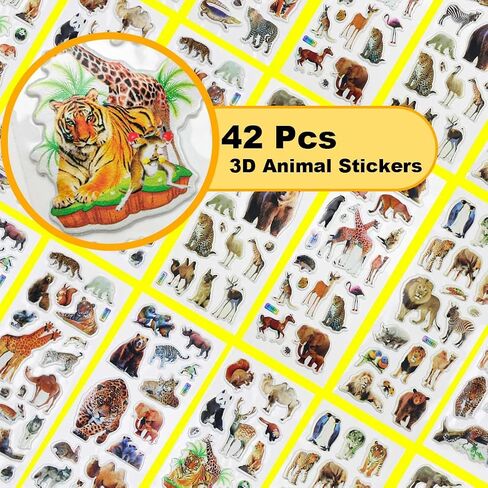 42 Sheets 3D Fluffy Jungle & Zoo Animal Stickers for Toddlers, Handmade Scrapbooking, Water Bottle, Skateboard, Party Favors in Kuwait