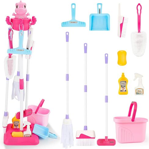 deAO Kids Cleaning Set-12 Pcs Toddlers Housekeeping Pretend Play Children Kit Toy Cleaning Set Kids Broom and Mop Set for Ages 3+ Christmas Birthday Toys for Girls Boys in Saudi Arabia