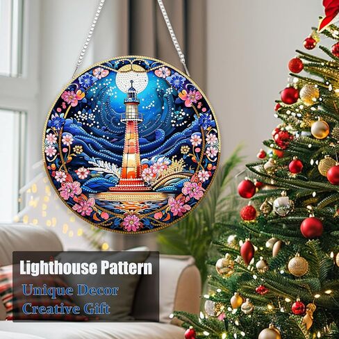Eiflow Hanging Diamond Art Lighthouse Ornament Kit, 9.6x9.7inch Double Sided Diamonds Painting Pendant for Adults, DIY Acrylic Board Gem Painting Kit in Saudi Arabia