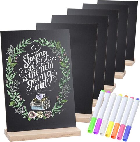 لافتات سبورة خشبية صغيرة عتيقة - مجموعة من 6 قطع | لافتة سبورة للطاولة مقاس 6 × 9 بوصة مع حوامل قاعدة | لافتة سبورة طباشير صغيرة مزخرفة مع 7 أقلام ألوان مائية in Kuwait