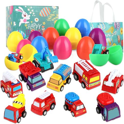 Easter-Egg with Toys Inside, 12 Pack Plastic Prefilled Easter-Egg Fillers Pull-Back Engineering Vehicles, Easter Basket Stuffers for Filled Easter-Egg Hunt Kids Toddler Boys Gifts Party Favors, SH-09 in Saudi Arabia