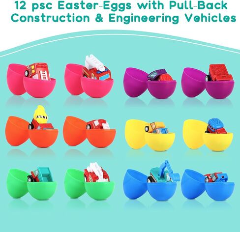 Easter-Egg with Toys Inside, 12 Pack Plastic Prefilled Easter-Egg Fillers Pull-Back Engineering Vehicles, Easter Basket Stuffers for Filled Easter-Egg Hunt Kids Toddler Boys Gifts Party Favors, SH-09 in Saudi Arabia