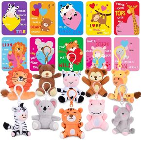 Valentine's Day Cards with Plush Keychains 20-Pack，Stress Relief Small Stuffed Animals Set，Cute Plushie Animal Toys for Kids，Valentine Exchange Cards for Students，Classroom Gifts & Party Favors