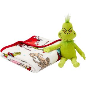Franco Bedding Christmas Holiday Super Soft Plush Cuddle Buddy, 40 in x 50 in, Grinch & Max Throw + Pillow Set