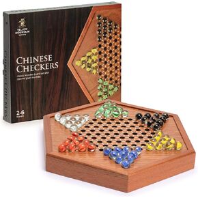 Yellow Mountain Imports Wooden Chinese Checkers Halma Board Game Set - 12.7 Inches - with Drawers and Glass Marbles - Made