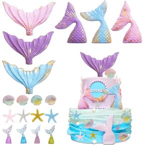 18 Pcs Mermaid Cake Topper Mermaid Tail Shells Sea Star Cake Decorations Under the Sea Cake Decorations for Mermaid Theme Birthday Decorations Baby Shower