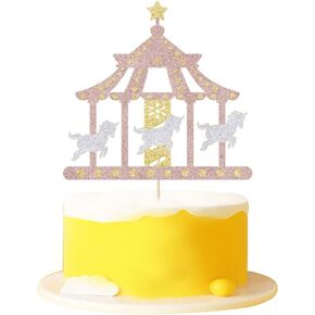 FmiyunEea Glitter Carousel Happy Birthday Cake Topper,rose goldIridescent Carousel