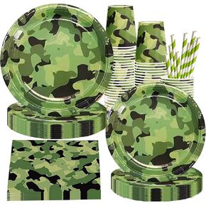 Camouflage Party Supplies Tableware Set Including Camouflage Paper Plates Cups Napkins Straws Serves 16 for Camouflage Birthday Baby Shower Party