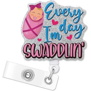 ERHACHAIJIA Every Day I'm Swaddlin Funny Baby Retractable Badge Reel Gift for Doctors RN EN L&D OB Labor Delivery NICU Nurse (Silver 2)