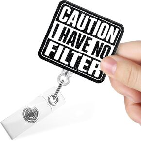 Caution I Have No Filter Funny Retractable Badge Reel with Alligator Clip, Glitter Badge Holder for Night Shift Nurse Pulmonology Respiratory Therapist Office Worker, RT RRT Gift for Nurse