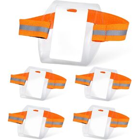 5pcs Arm Badge Holder with Reflective Strap, High Visibility Clear ID Card Holder Armband Adjustable PVC Wrist Name Tag Holder for Work & Ski Pass (Orange)