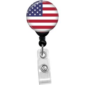 Patriotic USA Flag- Memorial Day Fourth Of July American US Flag ID Card Name Tag Custom Badge Holder (Black Badge Reel with Spring Pinch Clip)