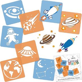 Nakleo 8 pcs Drawing Stencils for Kids - 15x15cm (6x6 inch) - Space - Universe - Reusable Washable Plastic - Art and Craft Template Set - Painting