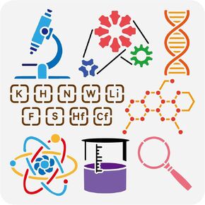 FINGERINSPIRE Scientific Experiment Stencil for Painting 11.8x11.8inch Reusable Microscope Beaker Magnifying Glass Gears Painting Stencil DNA Molecules Periodic Table Template for Wall Decoration
