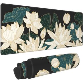 Large Gaming Mouse Pad XL, Golden Lotus and Leaves Full Desk Mousepad with Stitched, Long Floral Keyboard Pad, Flower PC Laptop Computer Mat Gifts for Women Girl Office, (Green Gold, 31.5 * 11.8 in)