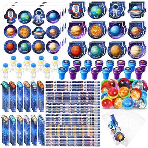 Cholemy 192 Pcs Space Party Favors Space Theme Party Supplies Astronaut Stationery Set Notebook Bouncy Ball Sticker Stamper Eraser Ruler Pencil Bag for Galaxy Birthday Party Gift Classroom Prize
