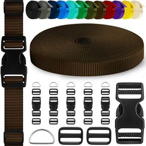 TECEUM Buckles & Strap Kit – 3/4" Brown Nylon Webbing 6 (yd) – 6 Heavy Duty Adjustable Plastic Buckles – 12 Tri-Glide Slide Clips – 3 Metal D-Ring – Ideal Straps for Arts Crafts Outdoors Indoors DIY