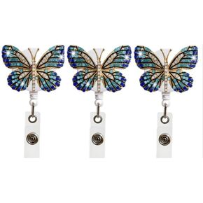 3Pcs Butterfly Rhinestones Retractable Badge Reel, Diamond Nurse Badge Holder Reels with Swivel Alligator Clip Badge Holders for Teachers Students Volunteers Employees,Office and School Supplies(Blue)